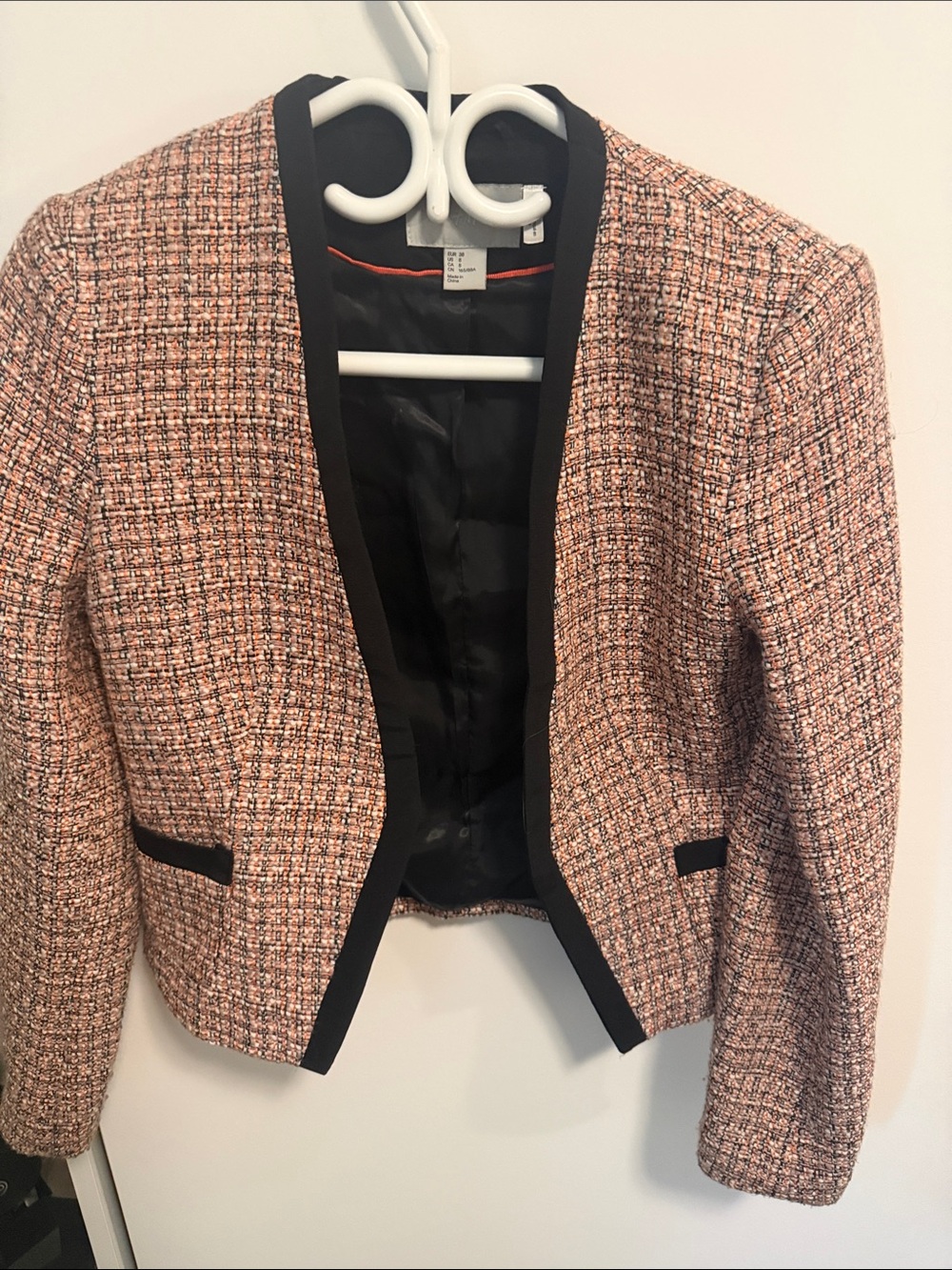 H&M Pink Tweed Cropped Blazer with Black Trim and Piping